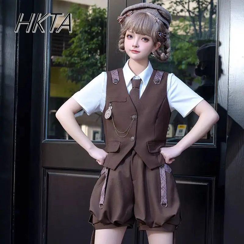 

Lolita Sweet Cute Short Sleeve Shirt Women Summer Commuting Brown Vest Ladies Lantern Pumpkin Overalls Shorts Three Pieces Sets