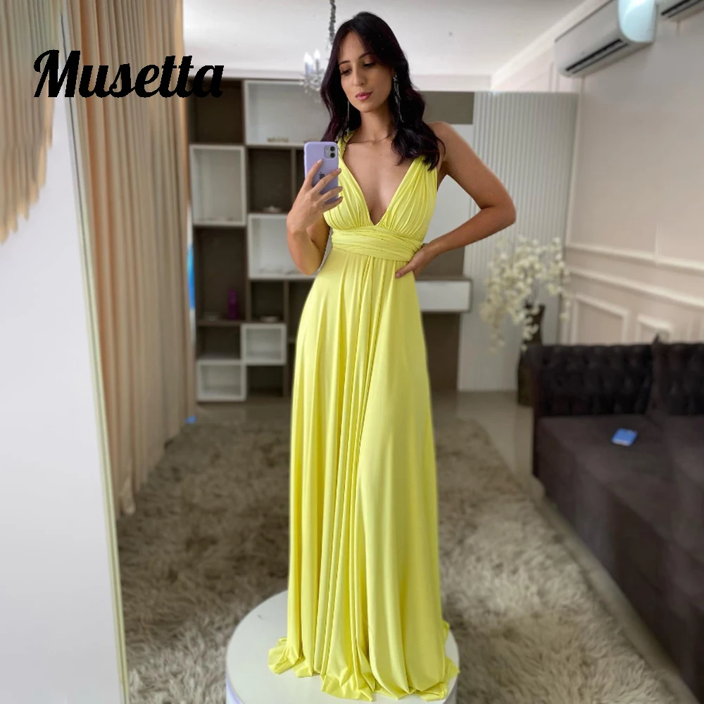 Musetta Sexy V-Neck Evening Gown Women Sleeveless Ruched A-Line Prom Dress Floor Length Vestido Para Eventos Especial Customized