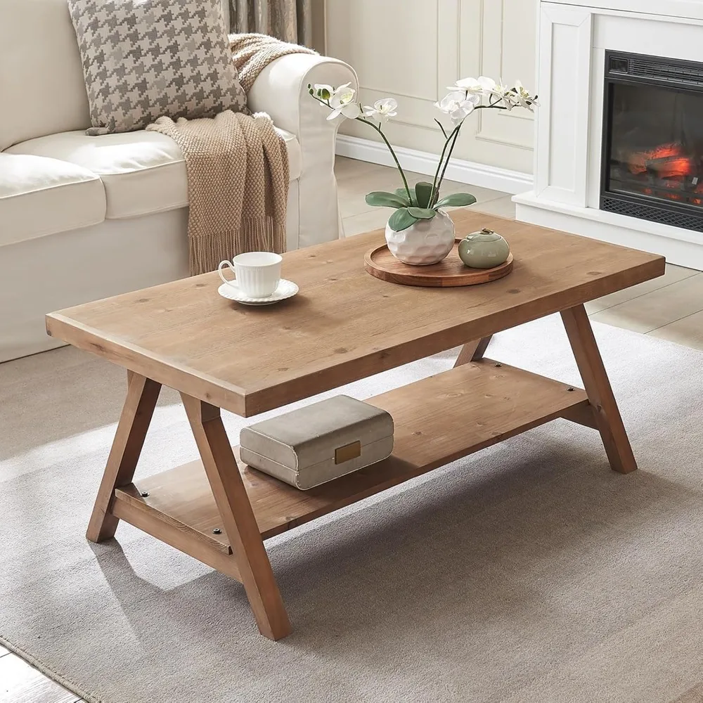 

Solid Wood Coffee Table with Storage Shelves Sturdy A-Shaped Legs, Rustic Space saving Rectangular 2 Tier Table for Living Room