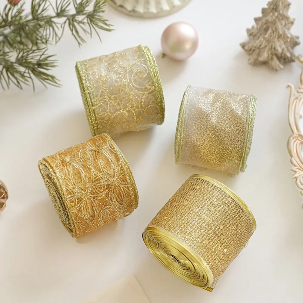 Gold Wire Edge Christmas Ribbon Weaving Mesh Yarn Wrapping Christmas Tree Ribbon Classic Xmas Bows Fabric Craft Ribbon