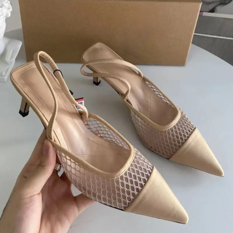 

2025 Women High Heeled Sandals Summer Pointed Toe Female Footwear Breathable Mesh Slingback Nude Elegant Party Office Lady Shoes