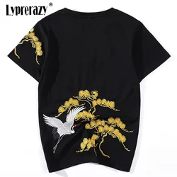 Lyprerazy Embroidery Red-crowned crane Hip hop T shirt Short Sleeve Cotton T-shirt Harajuku Streetwear Chinese Tee Tops