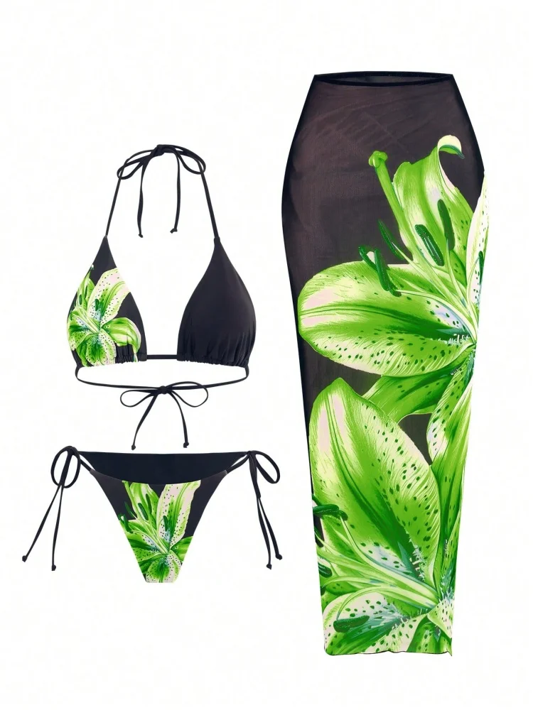 Bikini para mujer, traje de baño 2026, nuevo conjunto de Bikinis estampados con cuello Halter, traje de baño Sexy de cintura alta, traje de baño de tres piezas para cubrir la playa, traje de baño femenino