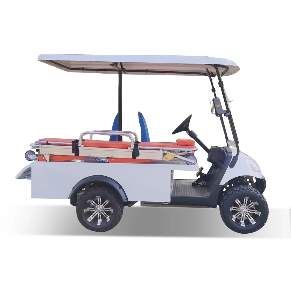 ركوب صغير على 2 مقاعد عربات الغولف الكهربائية سيارة إسعاف مخصصة فائدة جسم البضائع مع سرير مائل لا سقف