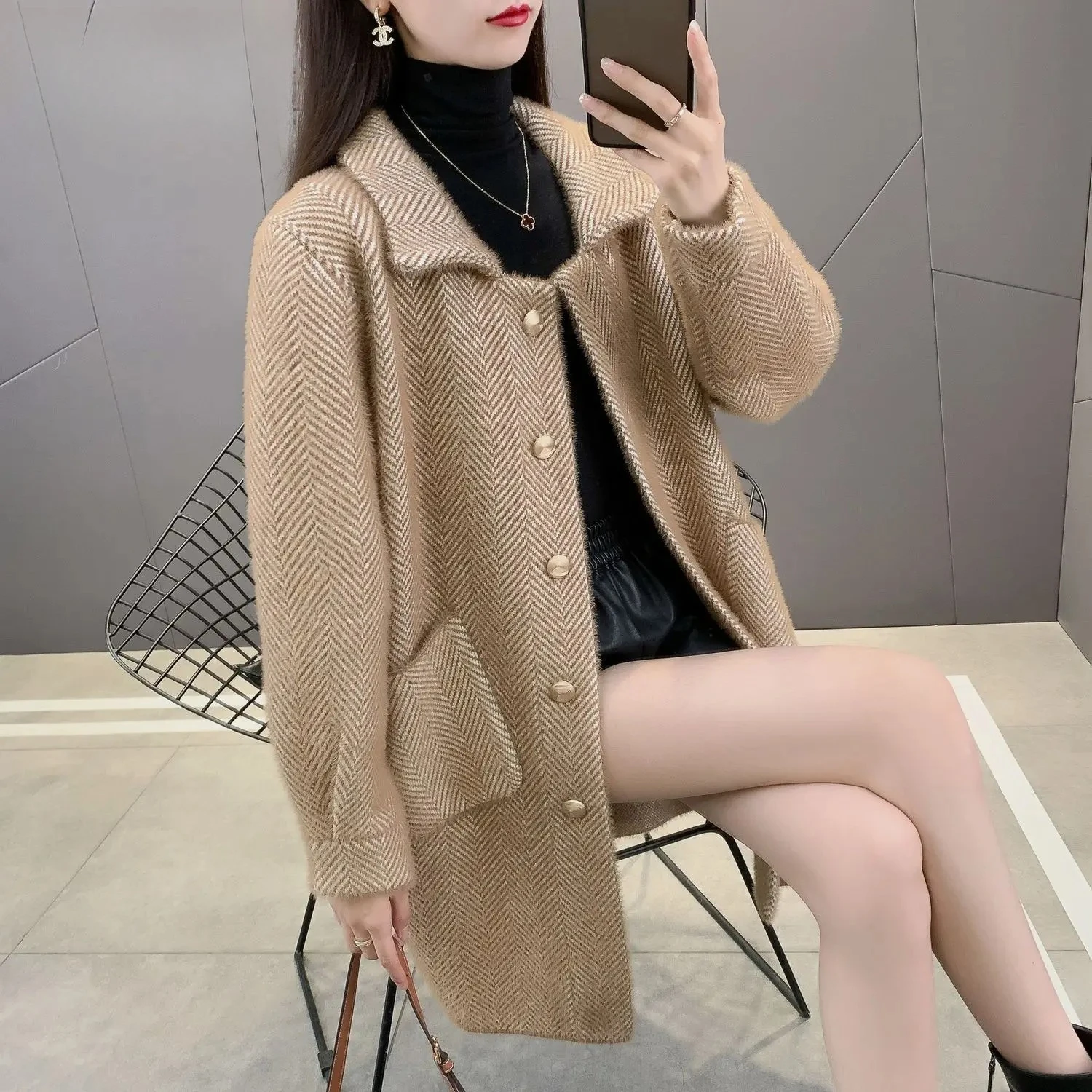 Imitation Mink Fur Medium Long Coat for Women Fashionable Knitted Cardigan Loose and Versatile Woolen Coat for Women