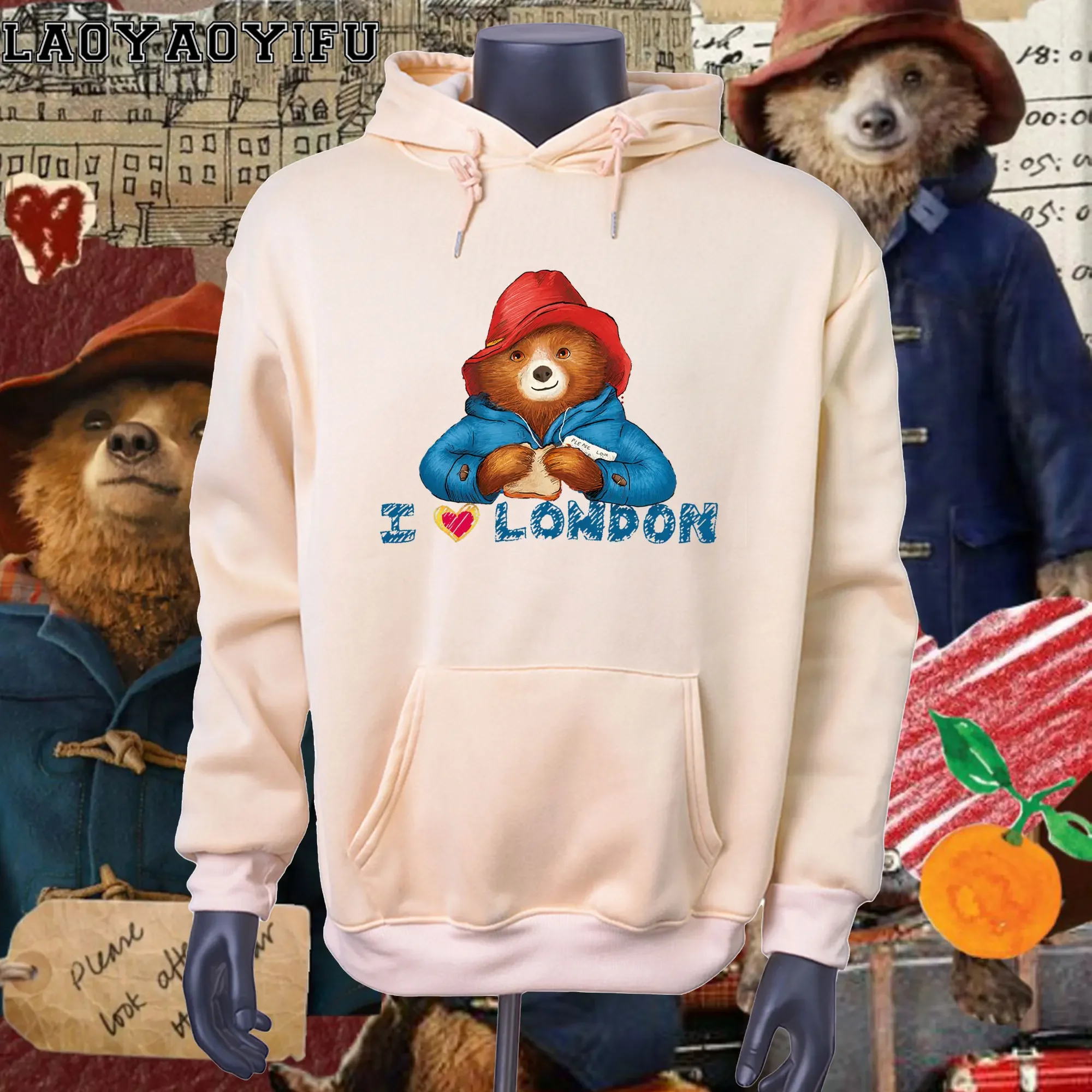 Cartoon Paddington Bear London Printed Long-sleeve Hoodie for Women Casual Everyday Autumn/winter Season Hoodies Unisex Clothing