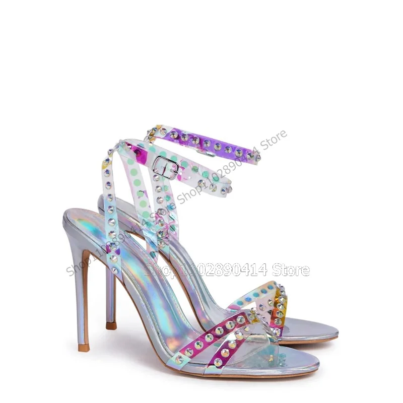 

Colorful Crystal Decor Open Toe Sandals Ankle Buckle Strap Women Shoes Thin High Heels Fashion Banquet 2023 Zapatos Para Mujere