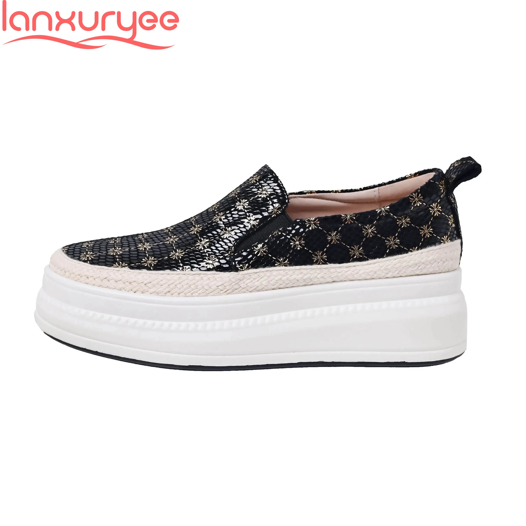 

Lanxuryee Fashion Sheepskin Print Platforms Fall Vulcanized Shoes High Heels Casual Loafers Luxury Comfort Dress Women Sneakers