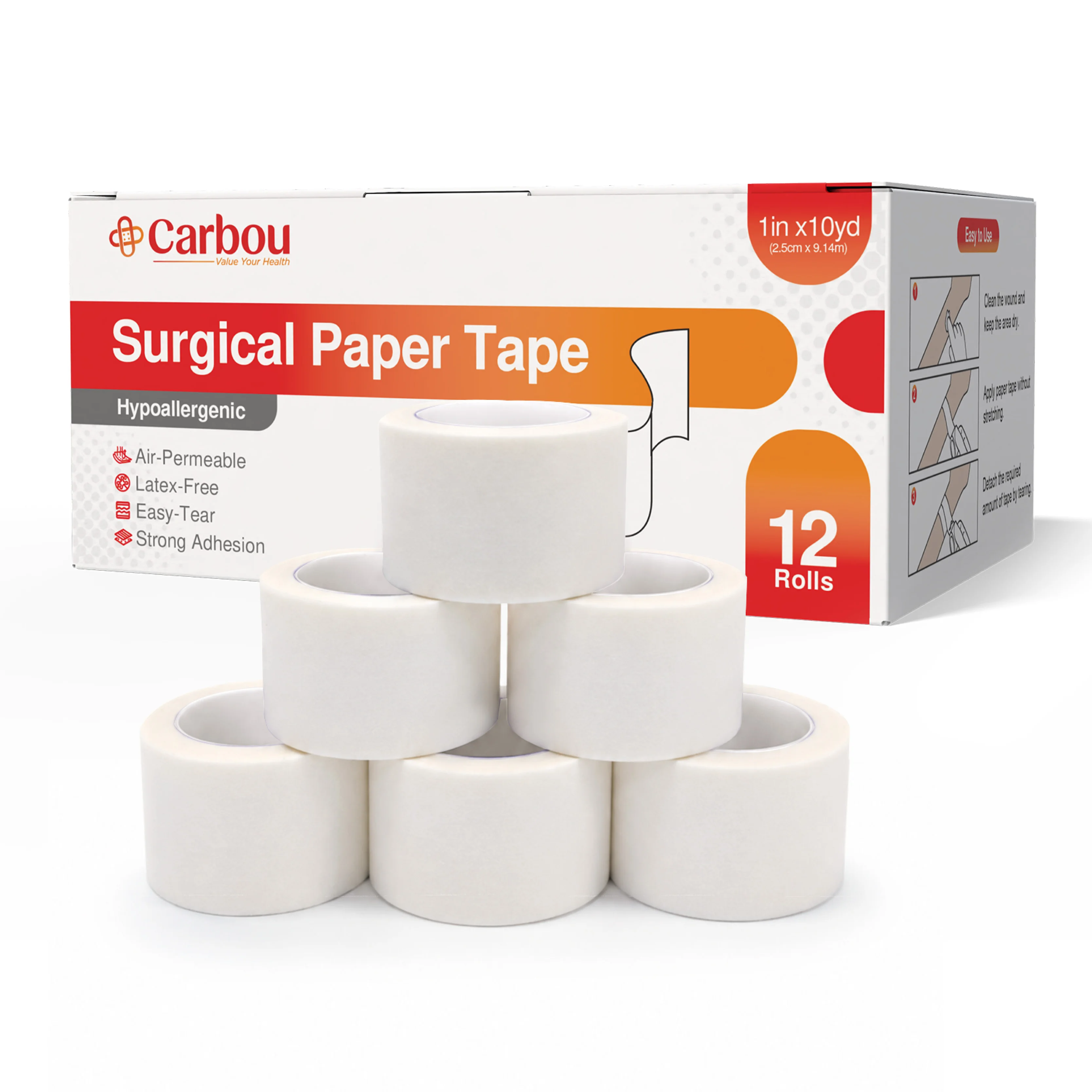 Carbou Paper Medical Tape 6/12 Rolls - 1“/2' X 10 Yards-Hypoallergenic Latex-Free Breathable-Secures Dressings & Medical Devices