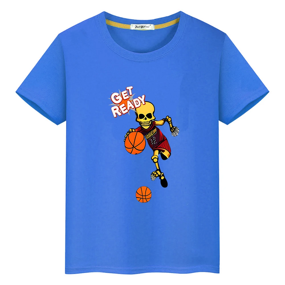 Skeleton Basketball Cartoon Tee-shirt Boys and Girls 100% Cotton T-shirt Casual Funny Graphic Printing Tshirts Short Sleeve Soft