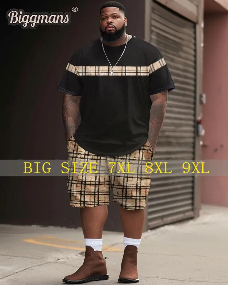 Biggmans T-Shirt Plus Size Set L-9Xl for Summer Beach Clothing Oversize Men's Large Plaid Tee Drawstring Shorts 5XL 6XL 7XL 8XL