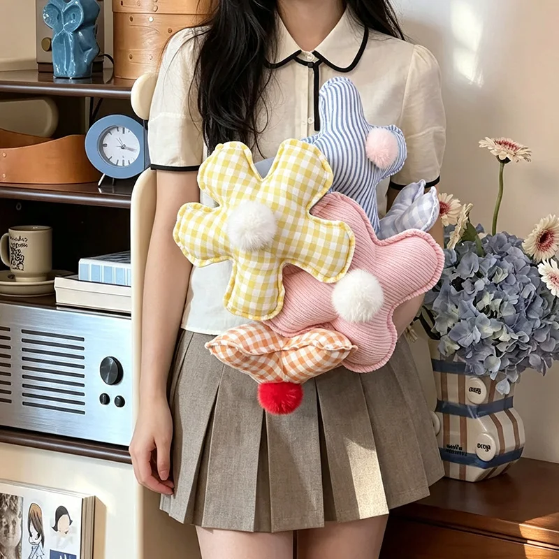 Stuffed Flower Blue Yellow Gingham Flowers with Pom Pom Centers Red Floral Style for Living Room Decoration Display