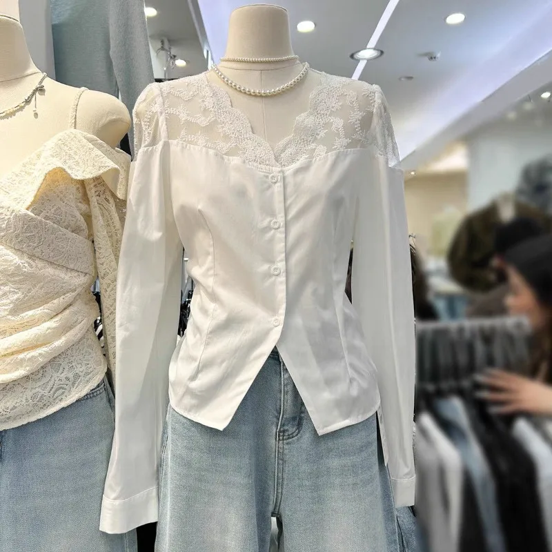 

Women Clothes Spring Autumn Fashion Office Lady Simplicity Button Lace Patchwork Solid Color V-neck Long Sleeve Women Shirts Top