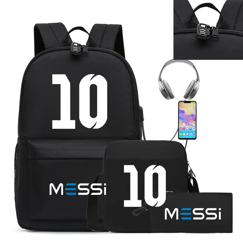 Messi Backpack 3pcs Usb Waterproof Backpack Casual Travel Backpack Women Men Large Capacity Travel Laptop Backpack School Bags