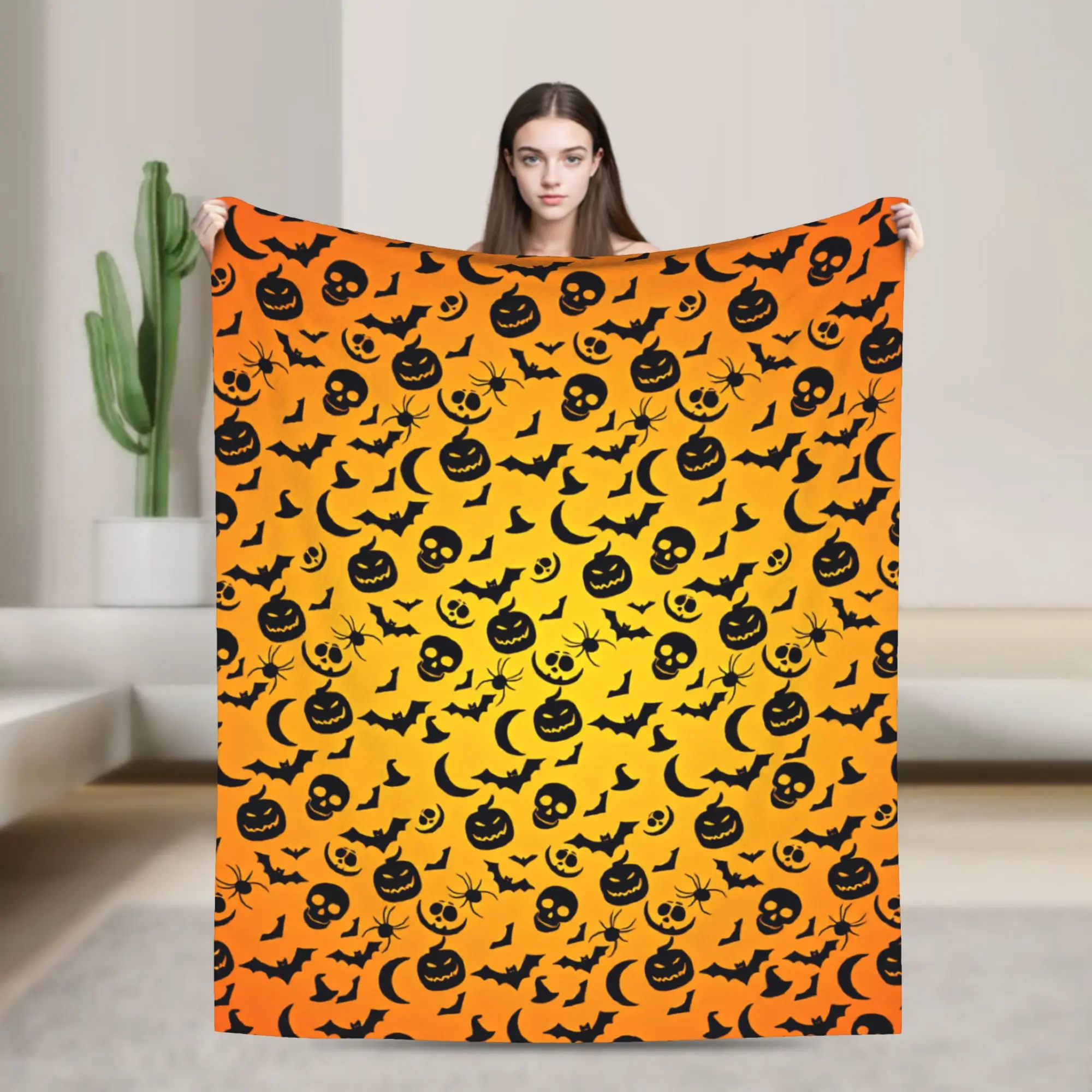 Cozy Throw Blanket Picnic Halloween Pumpkin Skull Bat Spider Moon Silhouette Seamless Pattern Orange Blankets  Flannel Bedspread