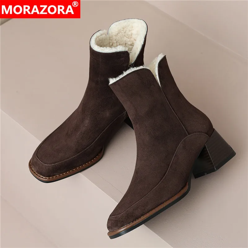 

MORAZORA 2024 New Suede Leather Snow Boots Women Zipper Chunky High Heels Wool Warm Winter Boots Ladies Ankle Boots