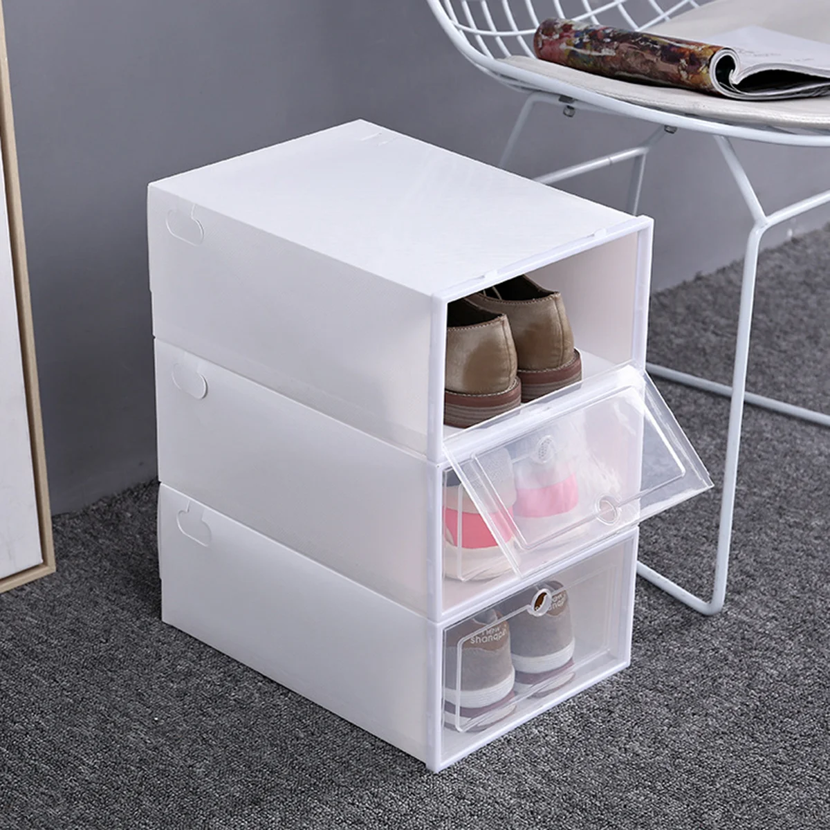 6pcs Shoes Box Drawer Type Shoe Box Thicken Transparent Shoes Organizer -proof Shoes Display Box (White, Random Frame Color)