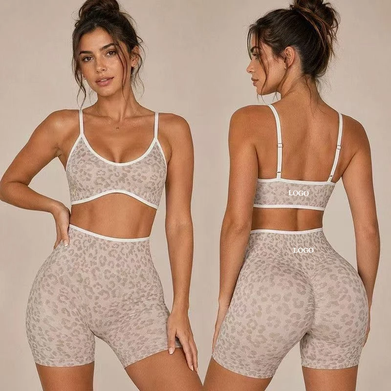 2-teiliges Hochwertiges Yoga-Set Neues Leopardenmuster Sportunterwäsche, Stoßfeste Po-Lifting Workout Sporthose Damen Activewear