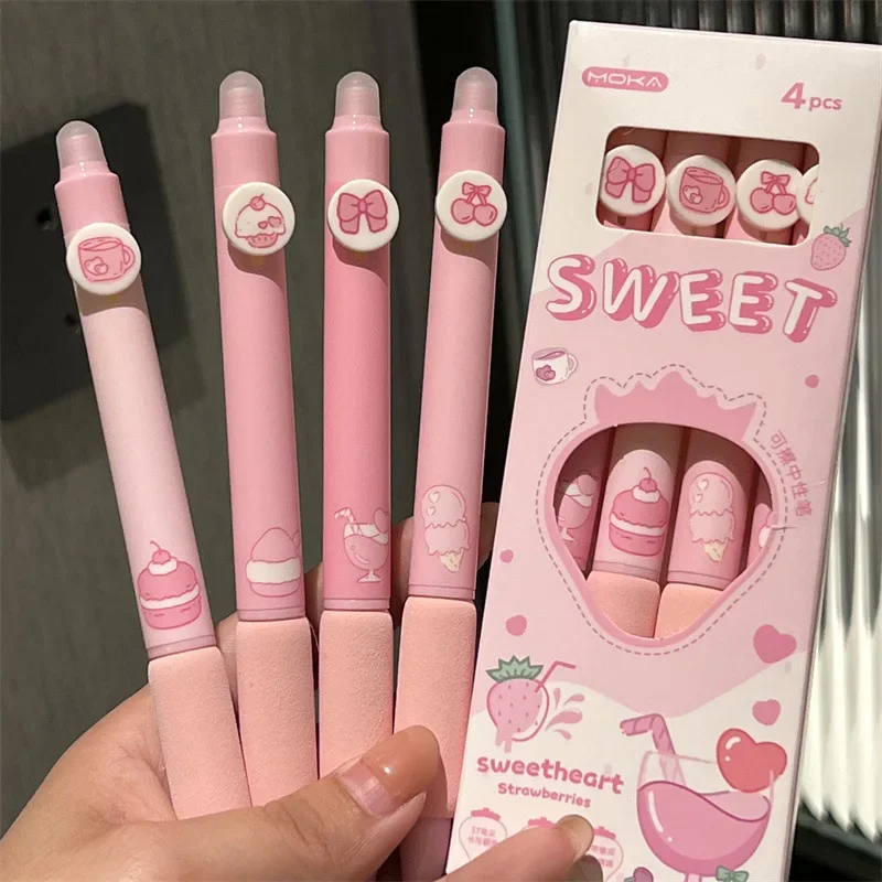 4pcs/set Pink Strawberry Soft Grip Erasable Pen Cute Sweet St Head Quick-dry Blue Erasable Gel Pen Do Homework Holiday Gift Girl