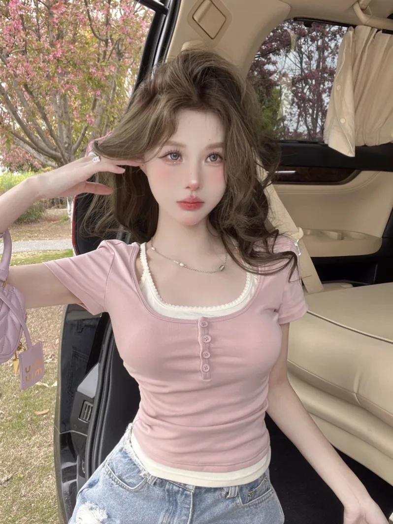 

Sweet Two-Piece Illusion Slim Fit Short Sleeve Square Collar Women's T-shirt Korean Style Commute Pure Color Summer Top