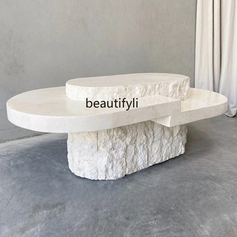 

Nordic natural marble coffee table wabi sand wind travertine tea table oval creative art coffee table