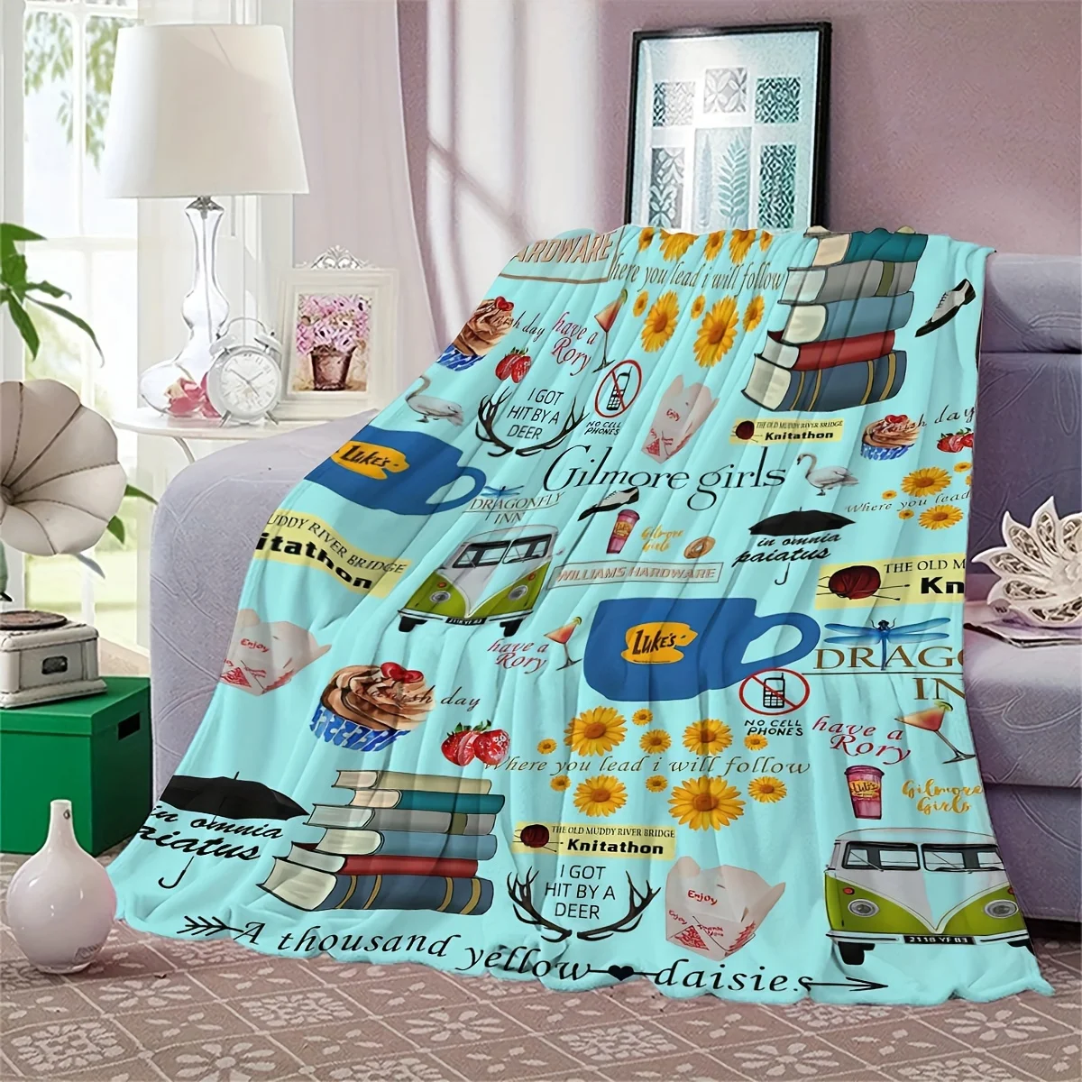 Contemporary Reversible Printed Throw Blanket with Food and Books Pattern - Polyester Flannel Fleece