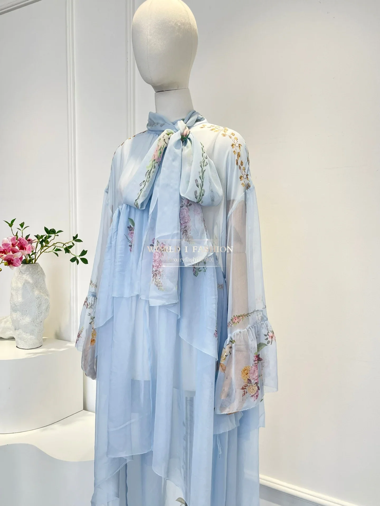 

Blue Floral Print Long Sleeve Irregular Hem Midi Dress 2025 New Design