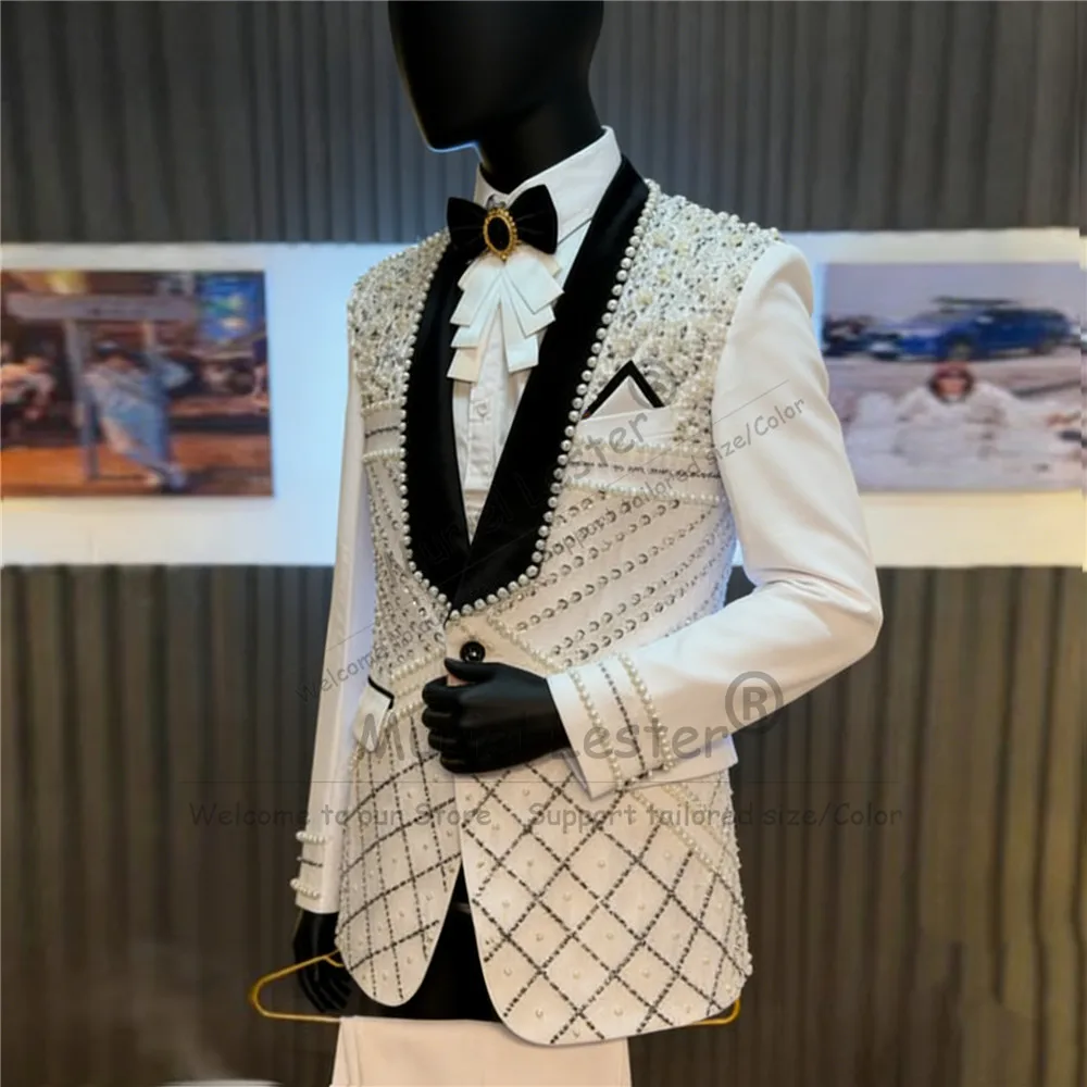 

Brilliant Crystals Beads Men Suit Attire For Men Black Shawl Label Breasted Jacket Pants 2 Piece Groom Banquet Tuxedos Luxury