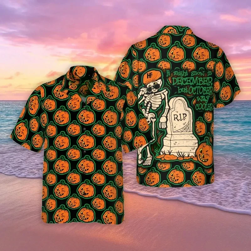 Halloween Candy Pumpkin Shirt For Men Clothes Spooky Skulls Hawaiian Shirts Funny Trick Or Treat Button Up Blouses Unisex Tops