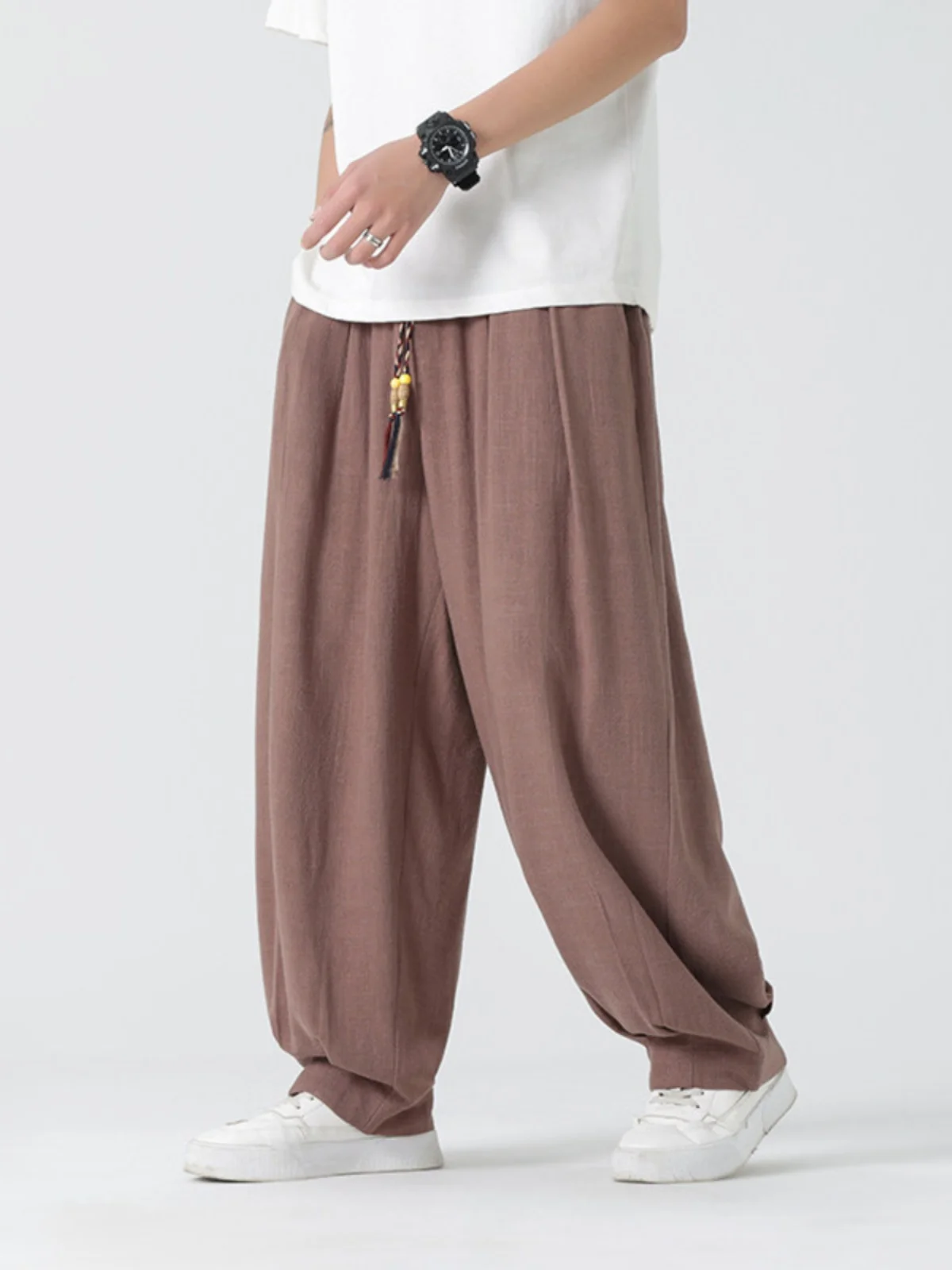 

Summer Men's Loose Cotton Linen Wide Leg Pants Draped Floor-Length Casual Trousers Big Size Thin Faionable Straight Cut