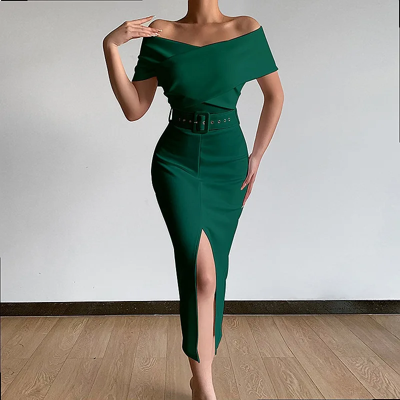 Women's Spring Summer Dress Dresses Off Shoulder Belted Bodycon Midi Party Evening Gown