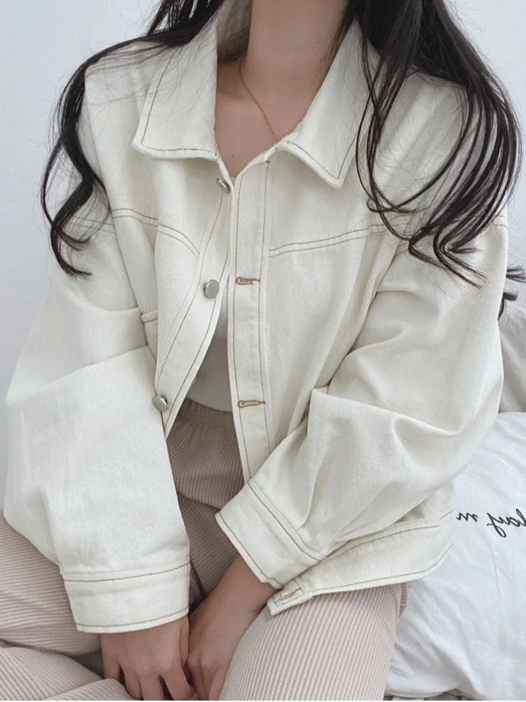 

Chic Vintage Autumn Long Sve Lapel Loose Women's Denim Jaet Single Button Design Versatile Casual Sli Outerwear