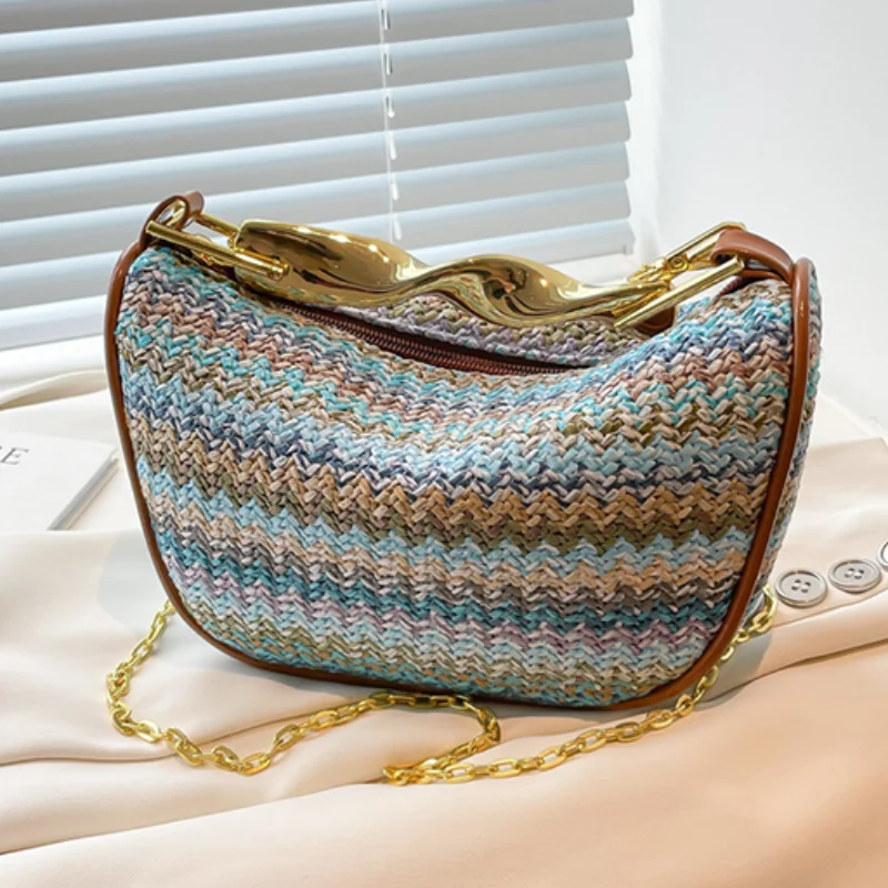 

Brand Luxury Straw Bag Fashion Metal Handle Contrast Color Handbag Holiday Beach Bag Casual Versatile Chain Women's Shoulder Bag