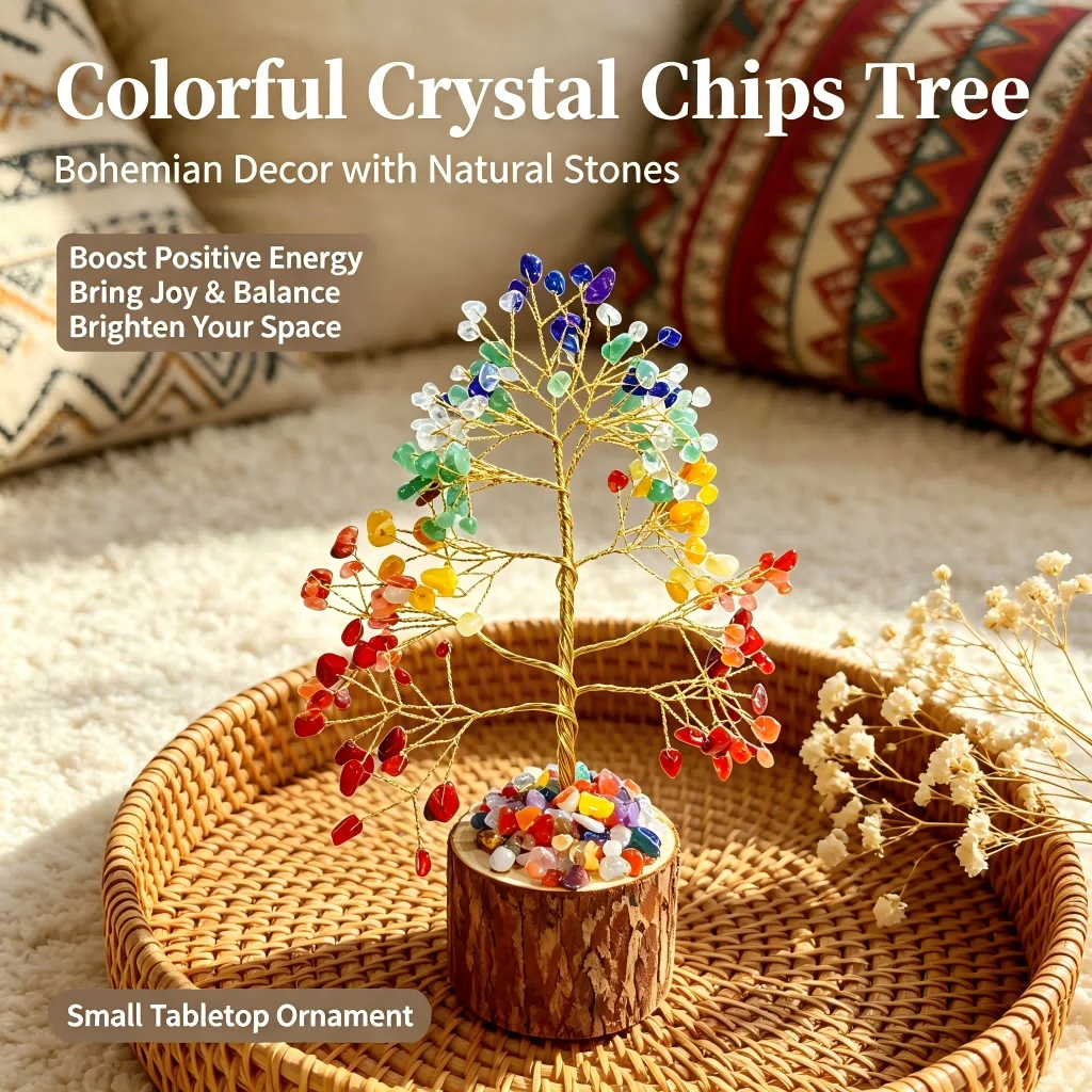Natural crystal tree, colorful crystal tree ornament with wooden stacking base, suitable for home office desktop display decoration, elegant gift, for family and friends