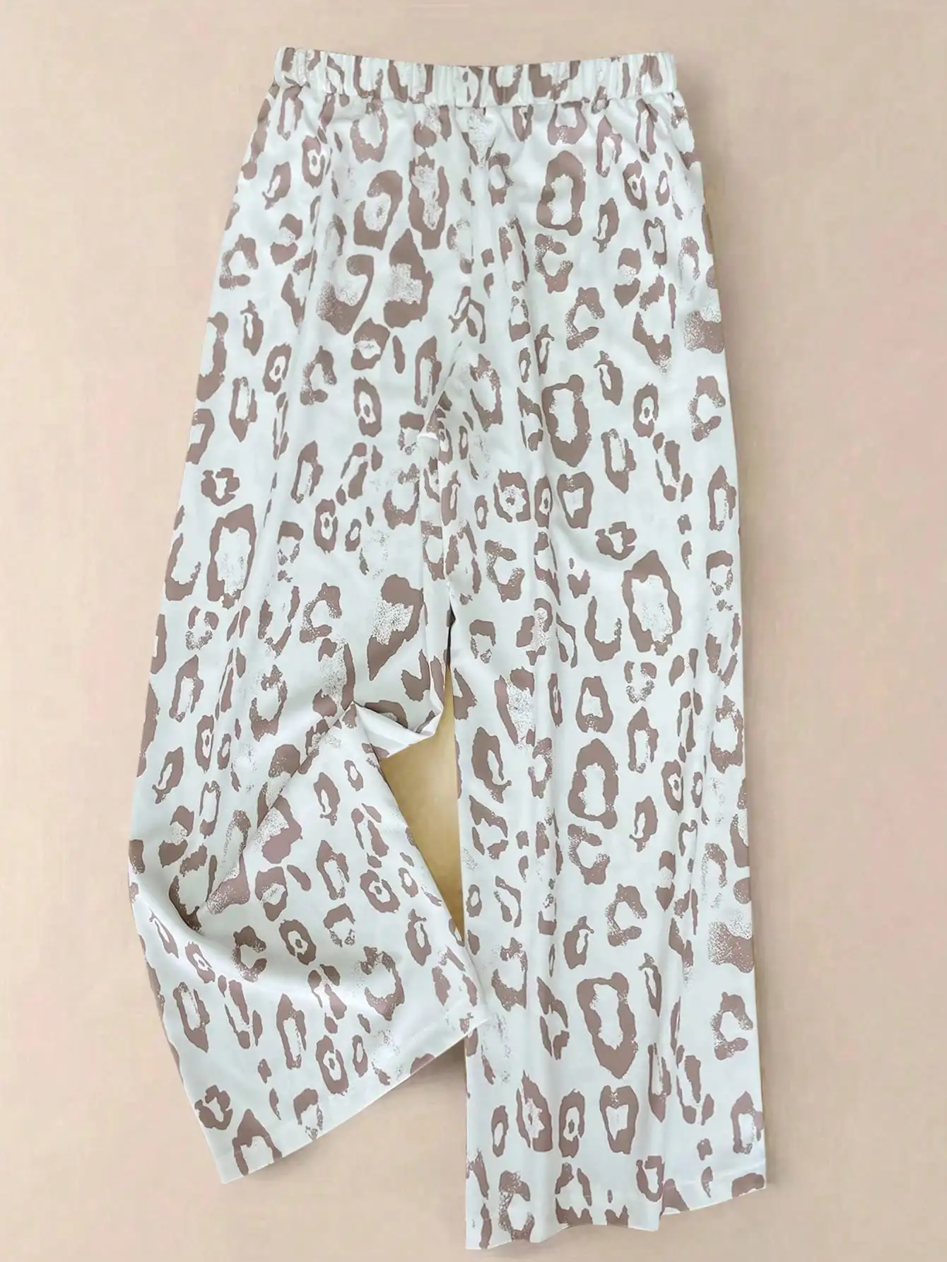 Womens White Leopard Print High Waist Wide Leg Pants Elastic Waist Tie Front Casual Summer Loose Fit Trousers