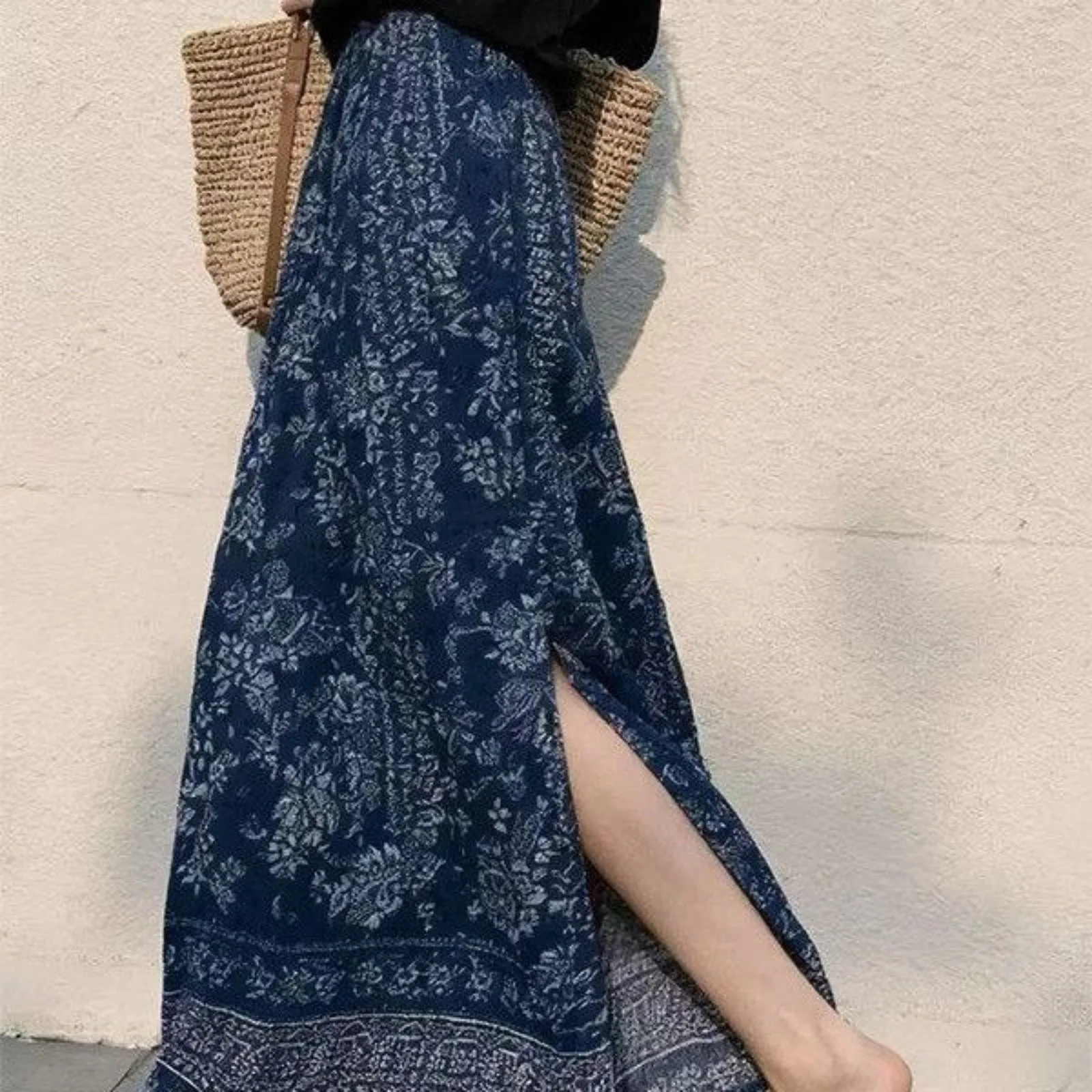 Women's Summer Vintage Ethnic Blue Skirts Lady Split Prints High Waist Long Skirt 2026 New Beach Seaside Travel Clothing Female