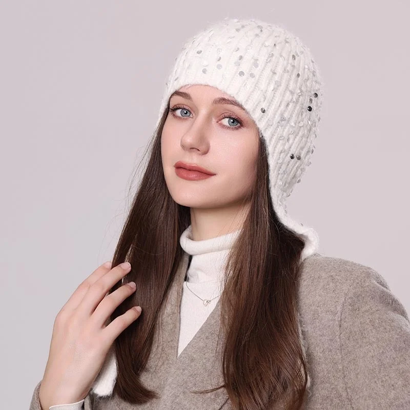 

Fashion America Niche Sequined Pullover Imitation Mink Knitted Cap Women's Winter Warm Ear Protectors Strap Big Head Bomber Hats