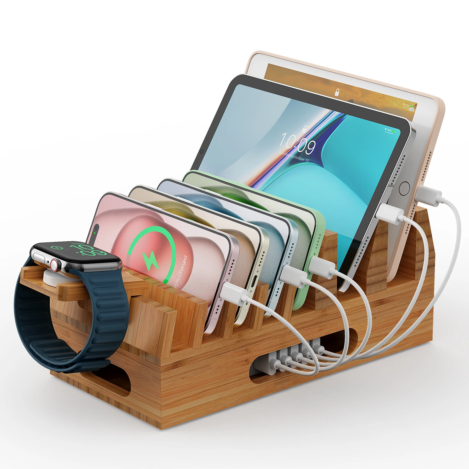 Bamboo Charging Station Organizer for Multiple Devices & Wood Desktop Docking Charging Stand Such As Cell Phone Tablets