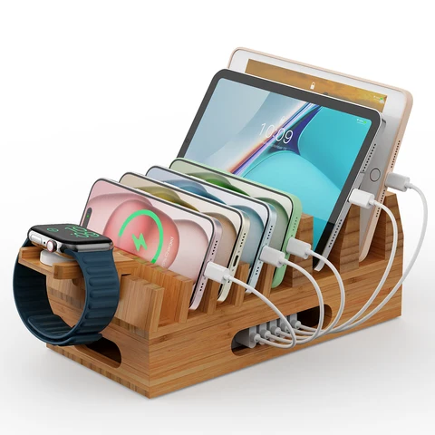 Organizador de estação de carregamento de bambu para vários dispositivos e suporte de carregamento de encaixe de mesa de madeira, como tablets de telefone celular