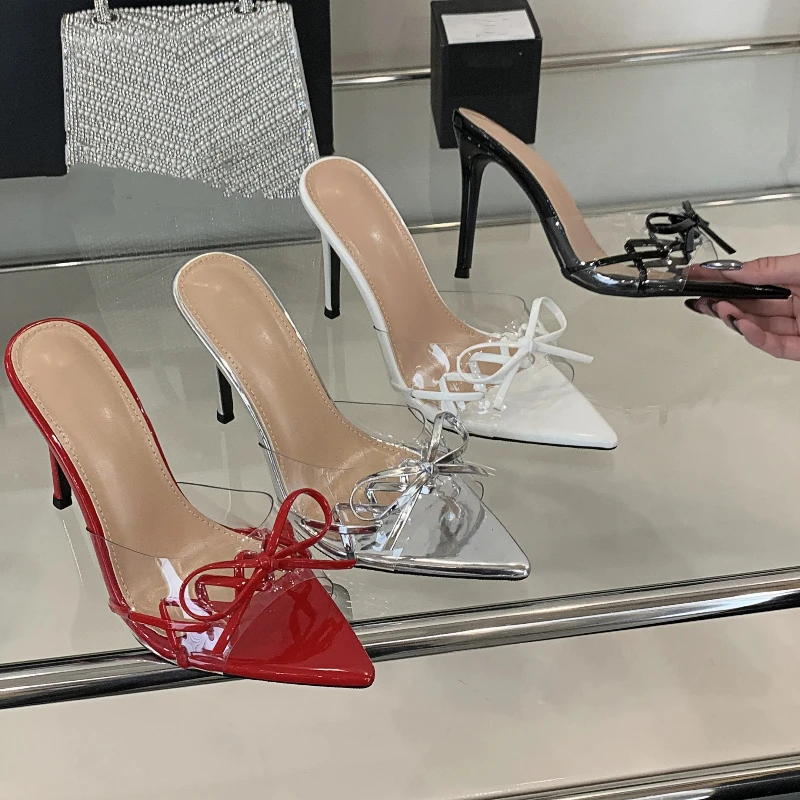 

New Summer Women's High Heels Pvc Transparent Bow Stiletto Pointed High Heels Slippers High Heel Sandals Women