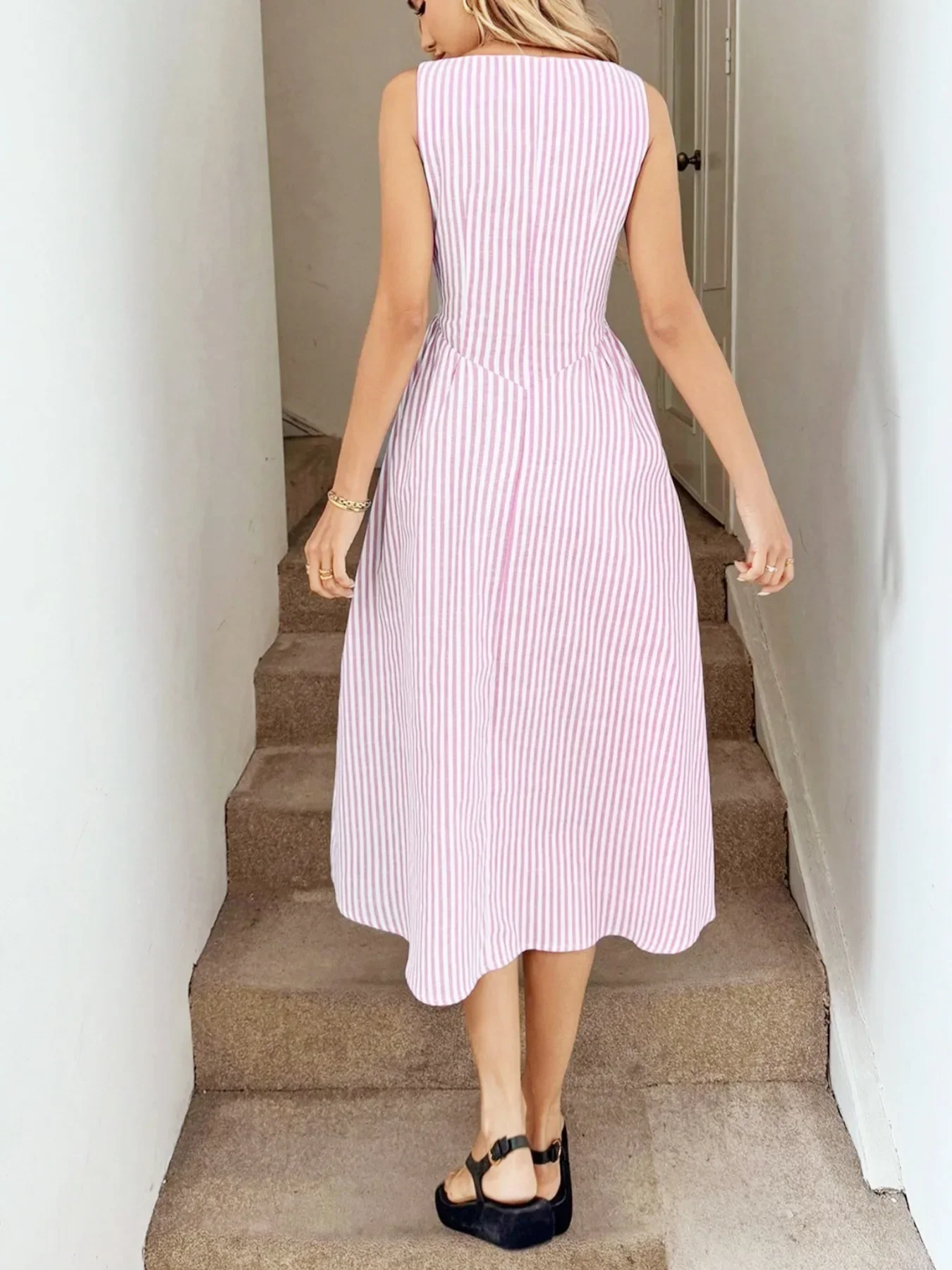Neues Y2K Sommer-Urlaubskleid aus Leinen für Damen, ärmellos, vertikal gestreift, hohe Taille, A-Linie, Midi, lässiges Swing-Kleid mit Taschen – Detail 21
