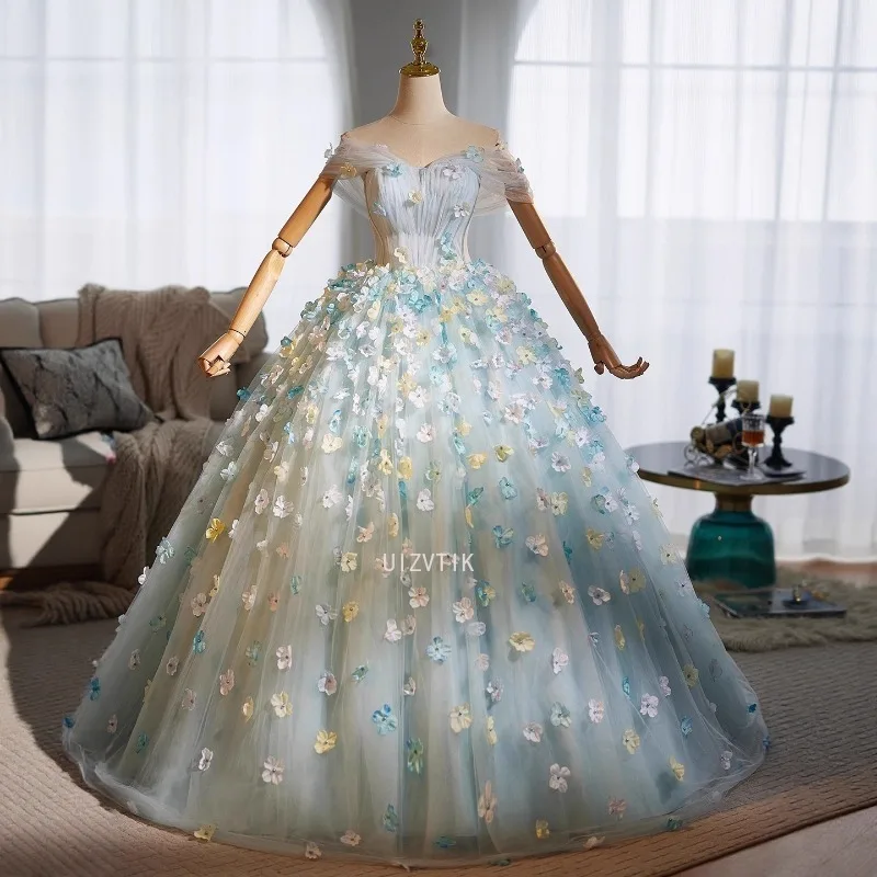 Sweet 3D Flower Wedding Dresses Luxury Women Princess Ball Gown Formal Birthday Party Dress Customized Prom Dresses for Girls