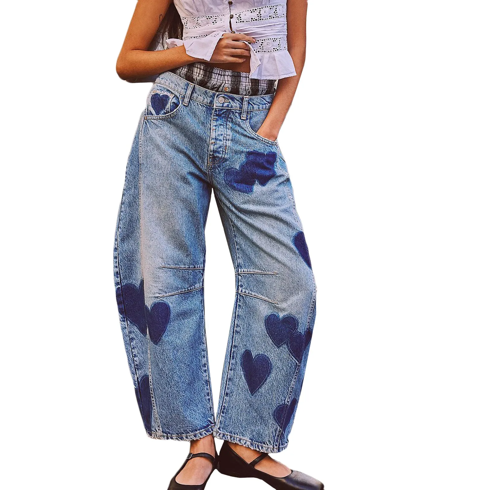 Pantalones vaqueros holgados de pierna ancha y cintura media para mujer, Vaqueros de barril recortados con estampado de corazón a la moda, pierna recta