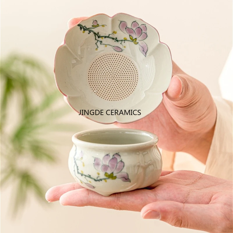 Ceramic Hand-painted Magnolia Tea Strainer Ceramic Tea Filter Office Tea Set Accessories Living Room Desktop Supplies