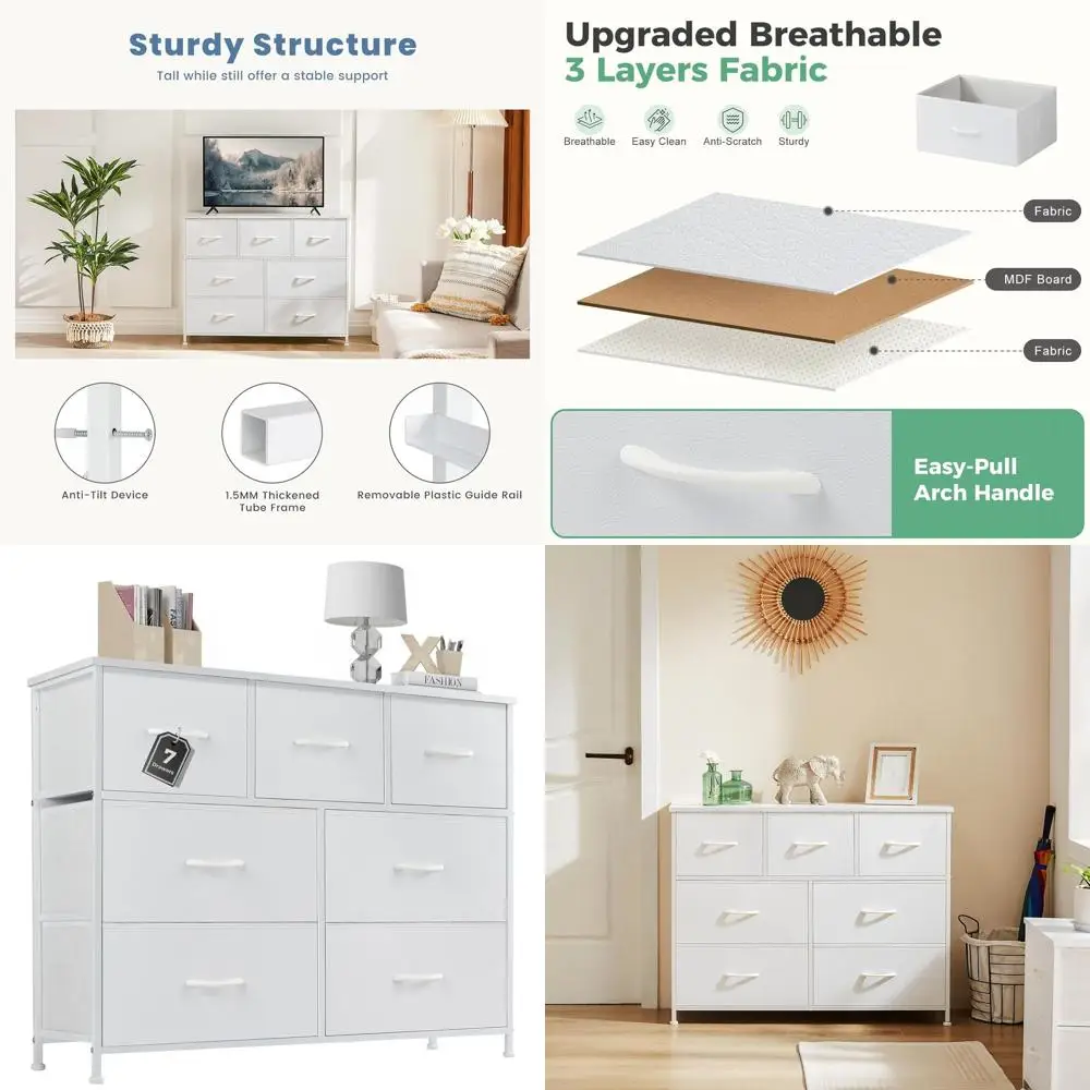 7-Drawer Bedroom Storage Chest with Wide Fabric Bins, TV Stand for 45 TVs, Wooden Top, Metal Frame, Suitable for Living Room, Ha