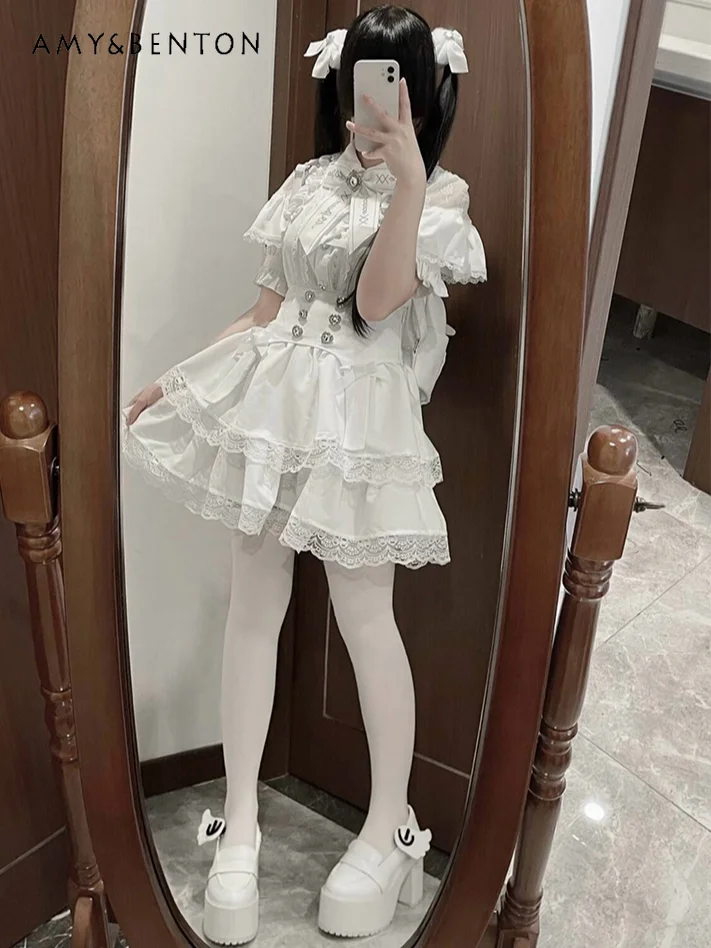 Original Mine Mass-produced Versatile Lace Color Matching Short-sleeved Shirts Japanese Sweet Off Shoulder Lolita Shirt Women