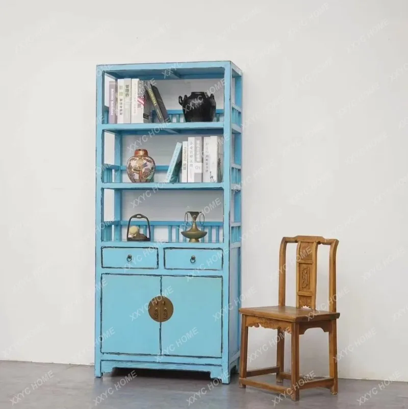 

Q New Chinese solid wood bookshelf bookcase light blue old document ornament antique partition cabinet