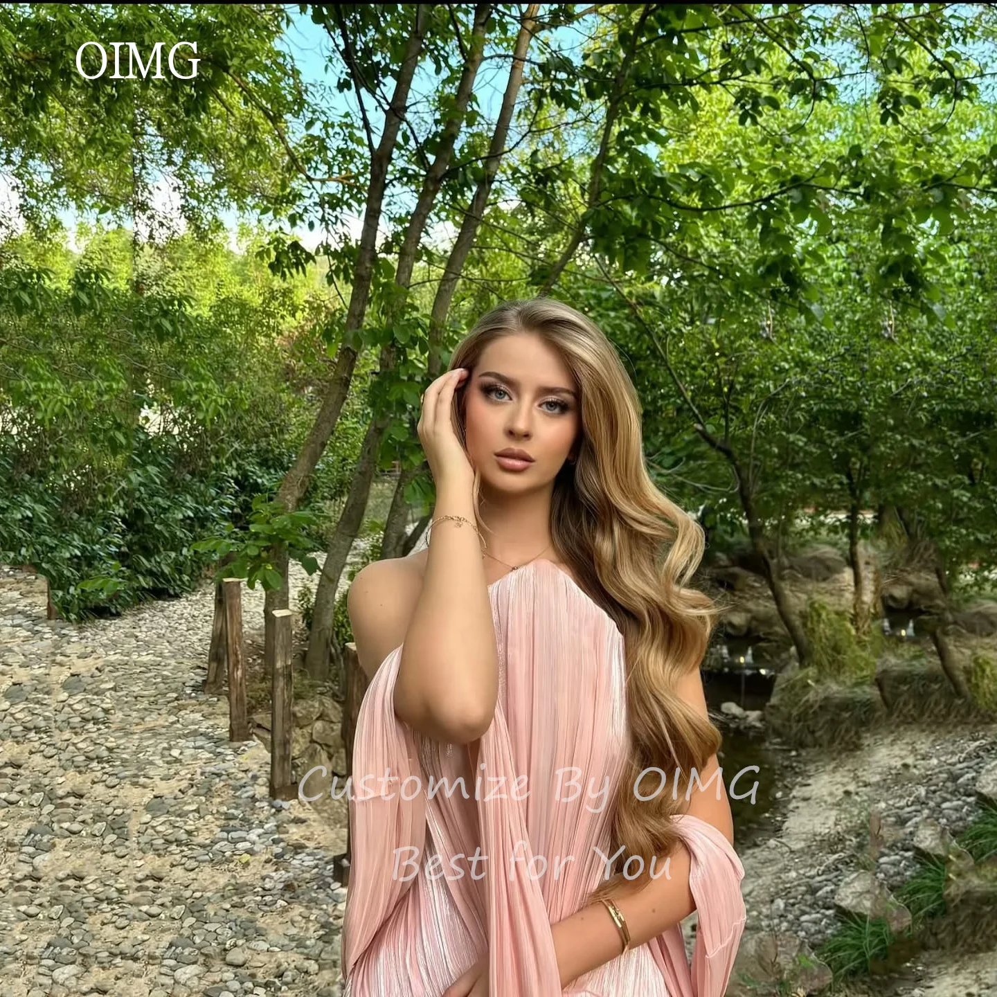 OIMG สีชมพูเงา A Line ชุดราตรีเปิดหลังจีบชุดราตรียาวชุดราตรีชุดราตรีแบบกำหนดเอง