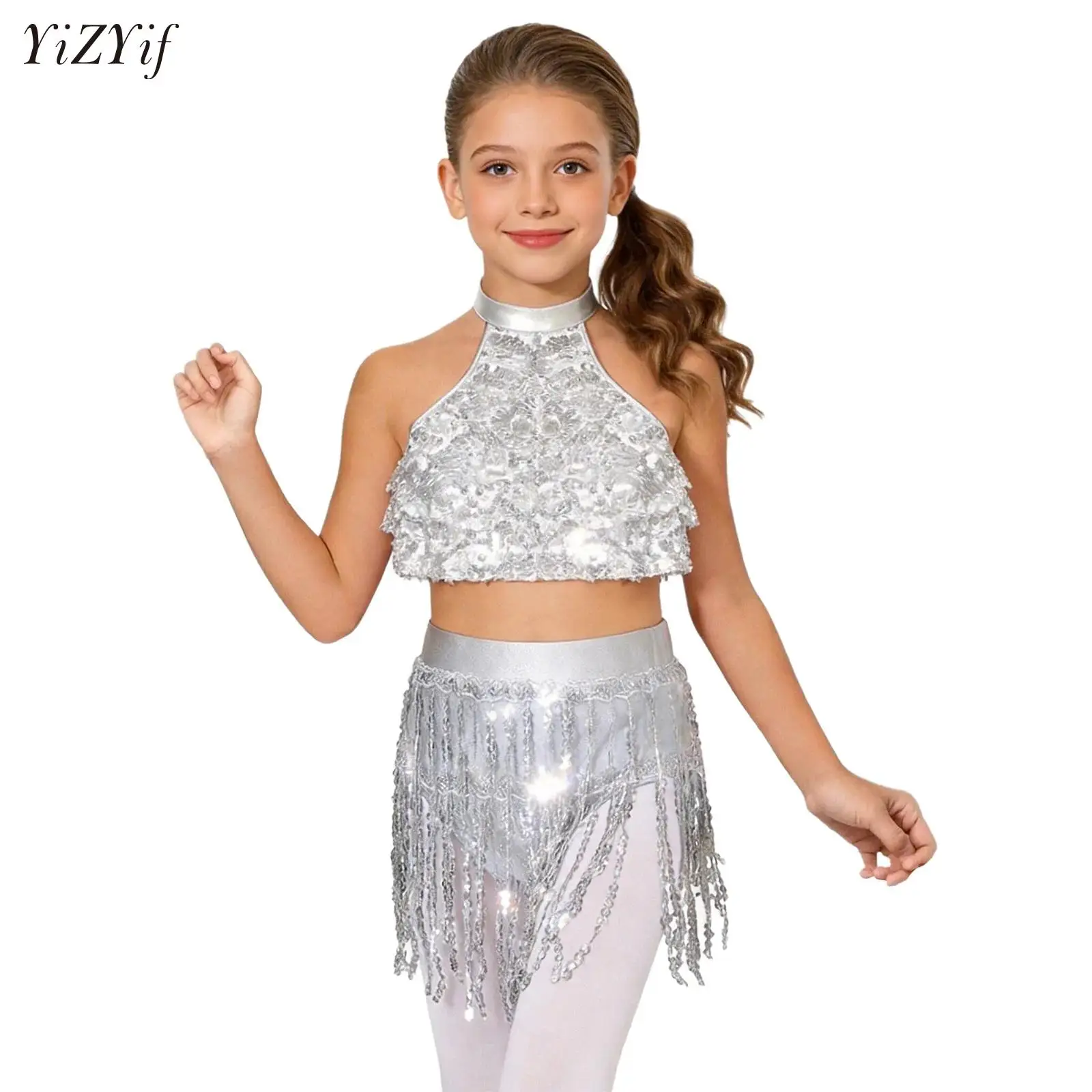 

Kids Girls Modern Jazz Latin Ballet Dance Costume Halter Sequins Tiered Shorty Unitard Dress Cheerleader Performance Dancewear