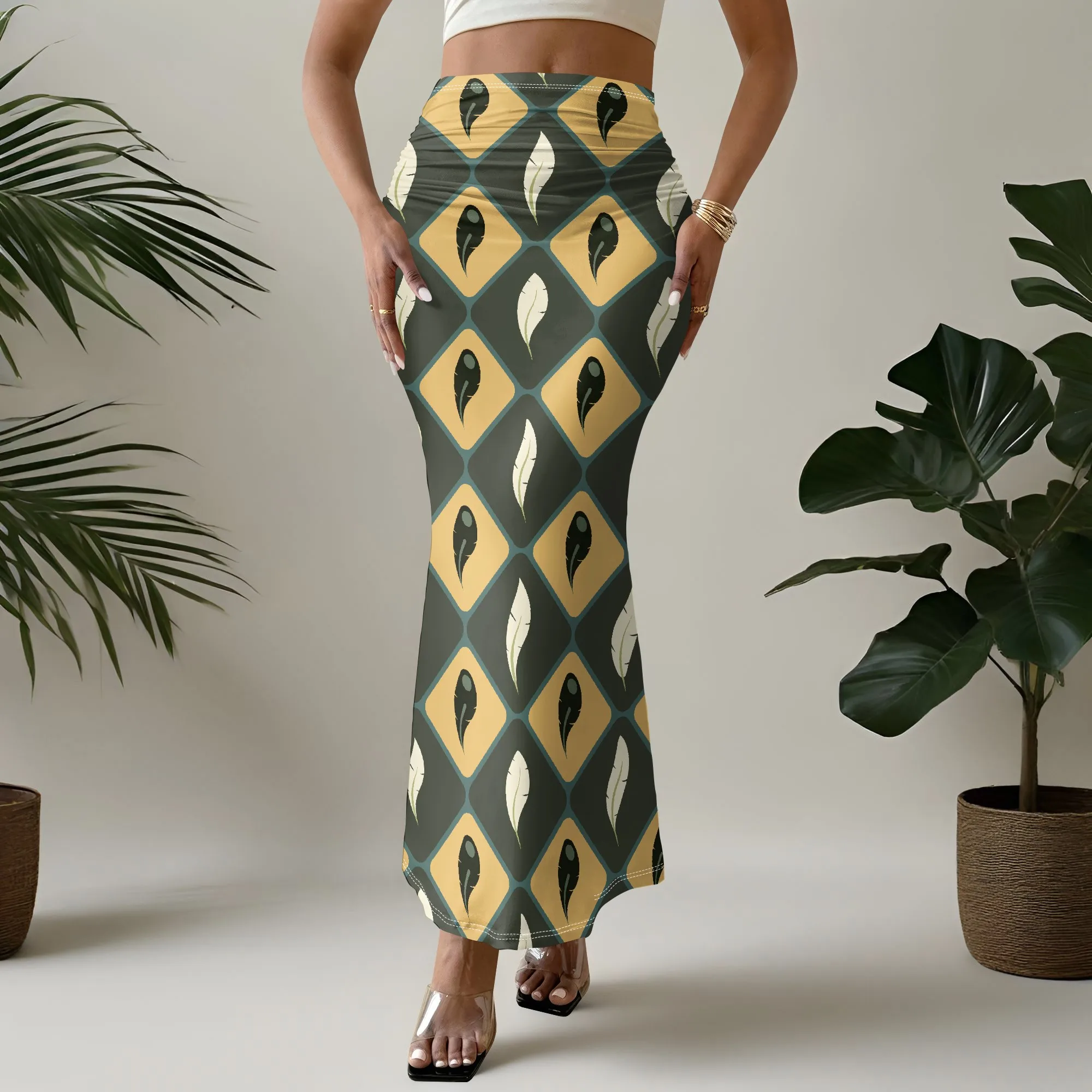 

Women's Fishtail Skirt, Women's Dating Fashionable And Sexy Style Skirt, 3D Totem Printed Geometric Retro Style Skirt